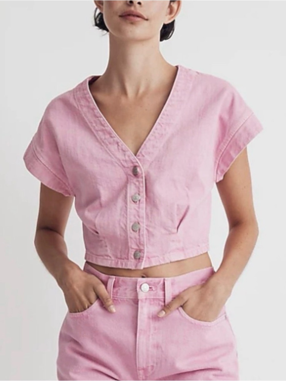 Madewell Pink Button-Front Demin Crop Top 14